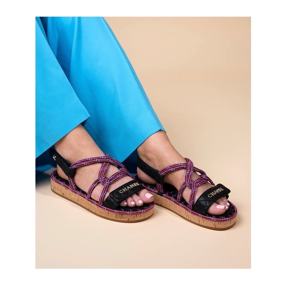 Chanel 2020 Cord Lambskin Quilted Logo Sandals Pink Black Size 38